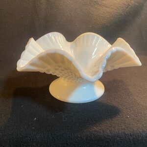 Vintage Footed Bowl Milk Glass Hobnail Crimped